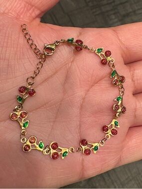 Gold-Tone Red Cherry Bracelet with Green Leaves
